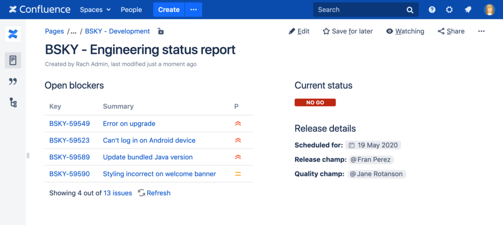Confluence stránka stavu projektu s makrom úloh Jira